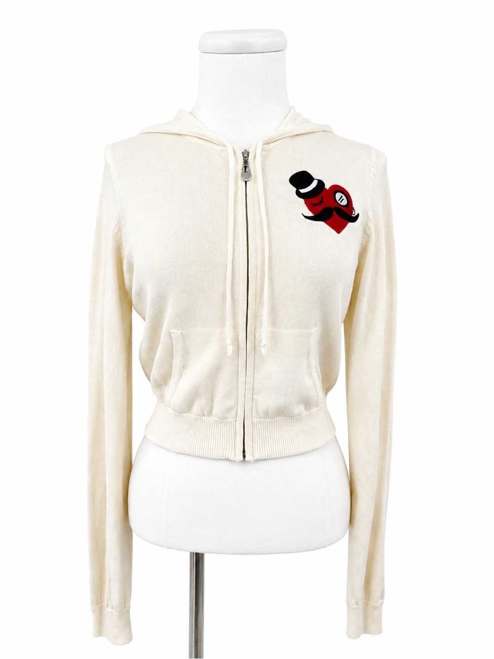 Forever 21 Vintage Cream Zip-Up Sweater 0886 small rear patch embroidered hood